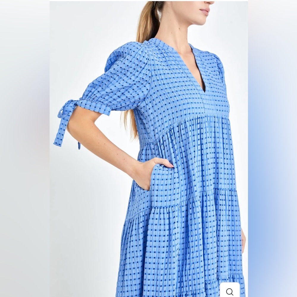 English Factory Gingham Tiered Midi Dress With Bow Puff Sleeve Maxi Sundress NWT - Picture 5 of 17